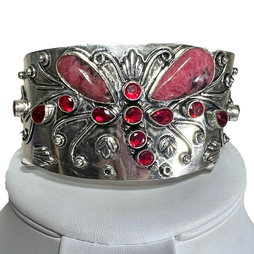 Vintage Style 925 Rhodochrosite Gemstone Bangle Bracelet